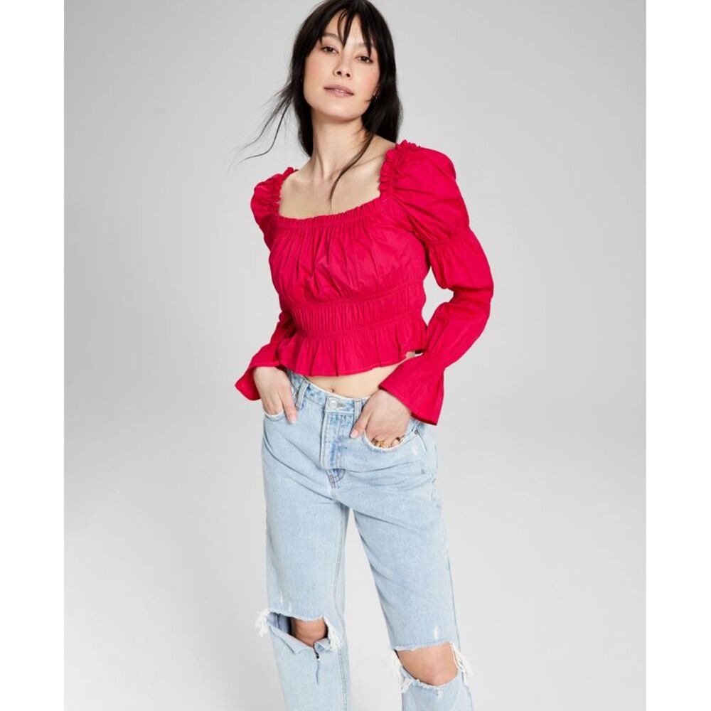 And Now This Now This Womens Cotton Ruched Puff Sleeve Top